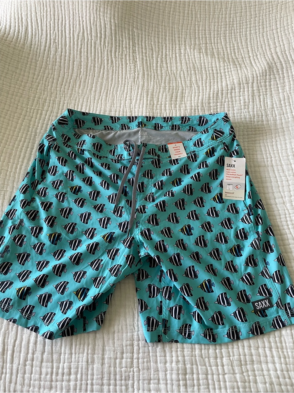 Saxx Teal Fish-Pattern Swim Trunks